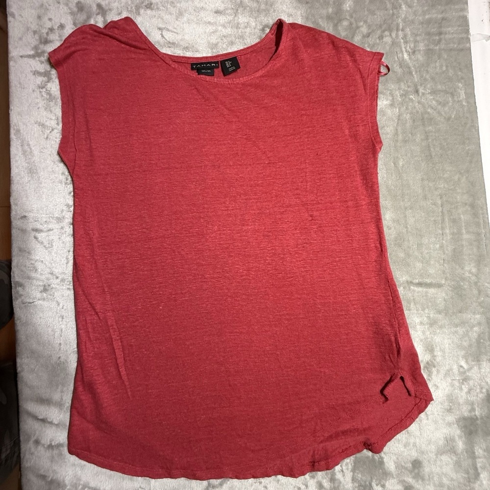Tahari S Red 100% Linen Sleeveless Crew Neck Pullover Blouse Vacation Resort
